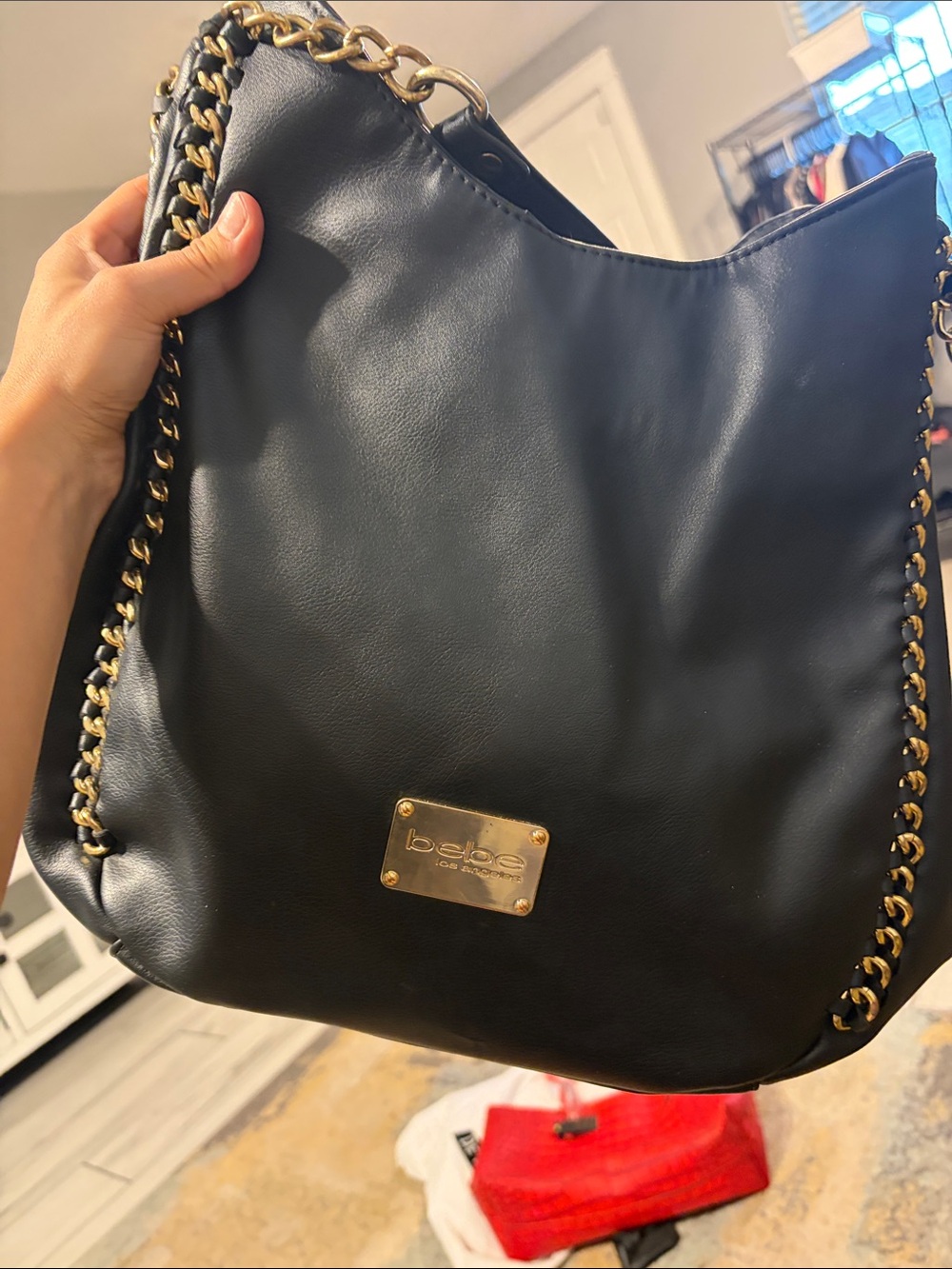 Givey -bebe Black Leather Shoulder Bag with Gold Chain Trim